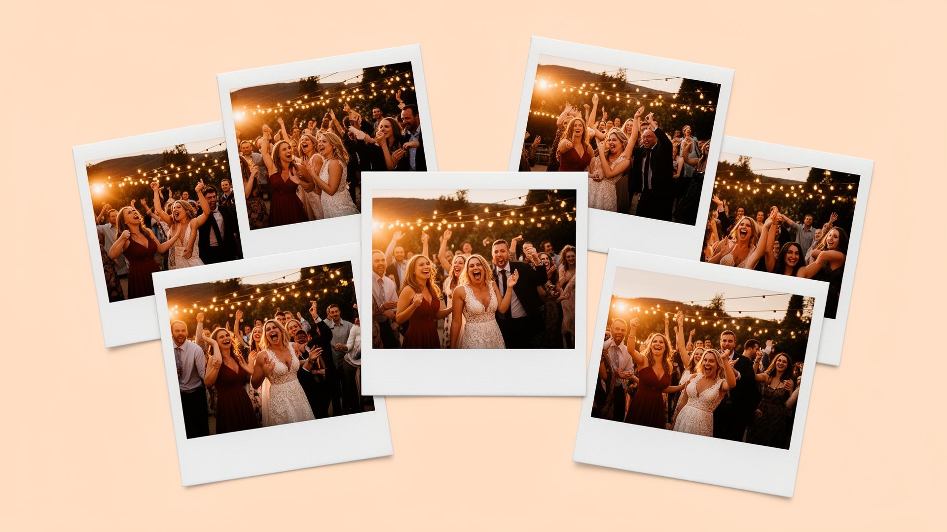 Fröhliche Hochzeitsgäste, deren Fotos als Polaroids angeordnet sind